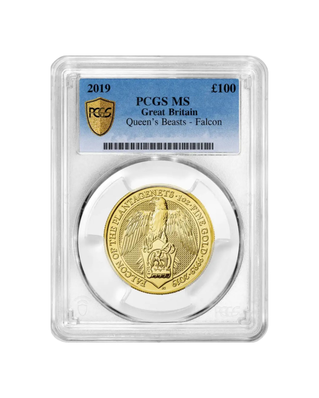 Gold coin featuring a falcon and shield, graded PCGS MS, from Great Britain, Queen’s Beasts series, encased in a clear protective slab.