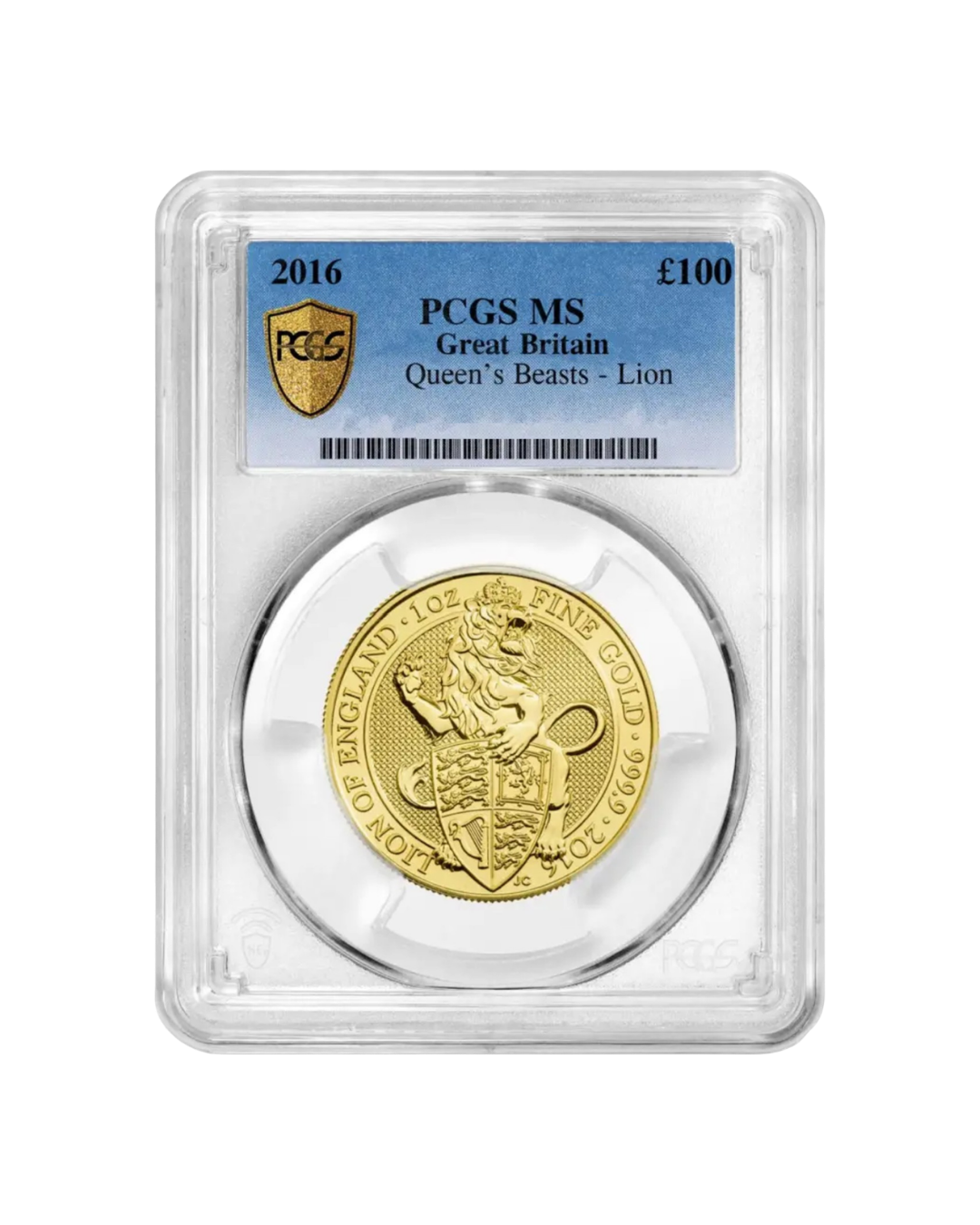 Gold coin featuring a lion and shield, encased in a plastic holder with a label indicating it is a 2016 Queen's Beasts lion coin graded MS by PCGS, from Great Britain, valued at £100.