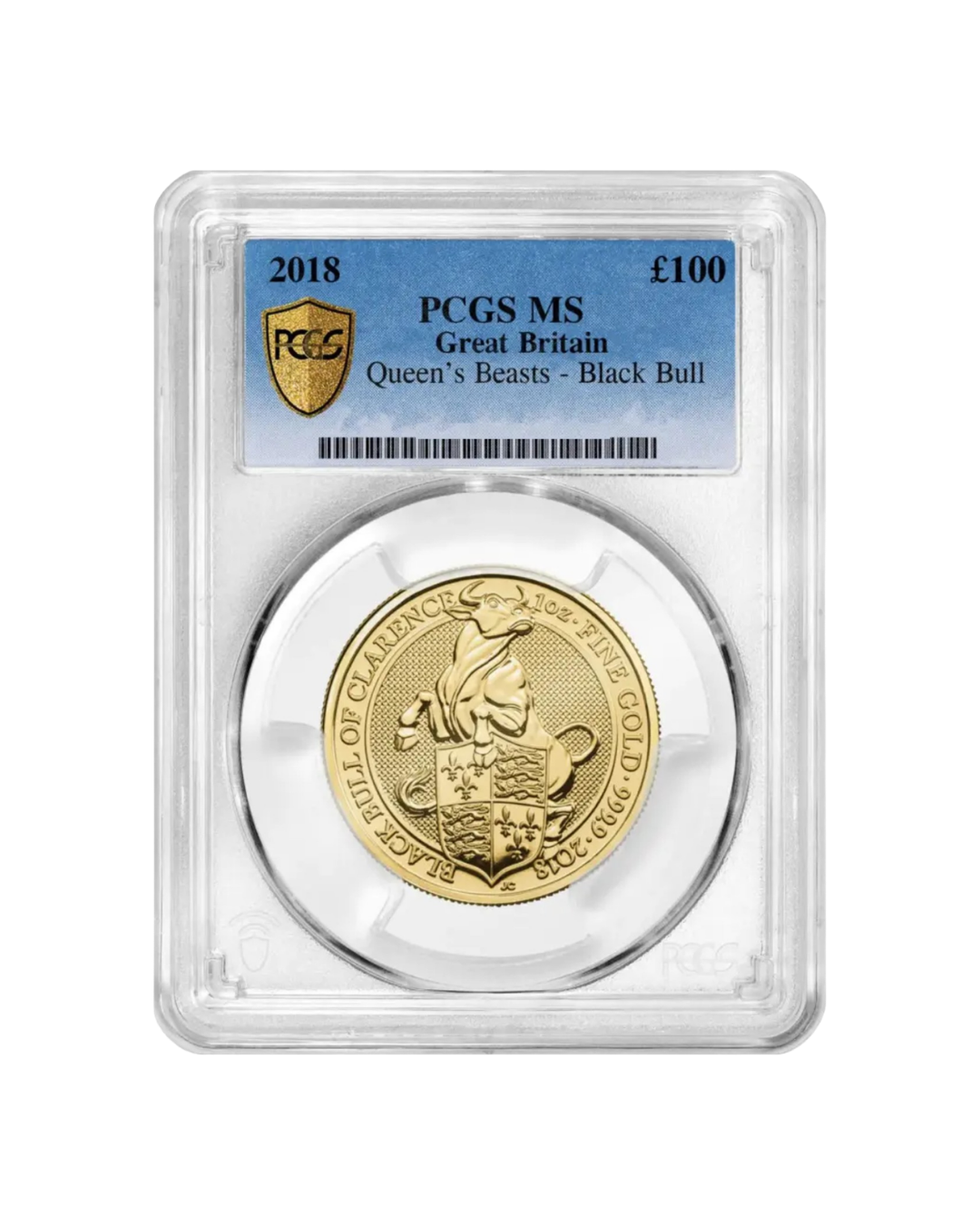 Gold coin featuring a lion in armor, shield emblem, and inscriptions from the Queen's Beasts collection, encapsulated in a clear protective case with a blue label indicating grading details.