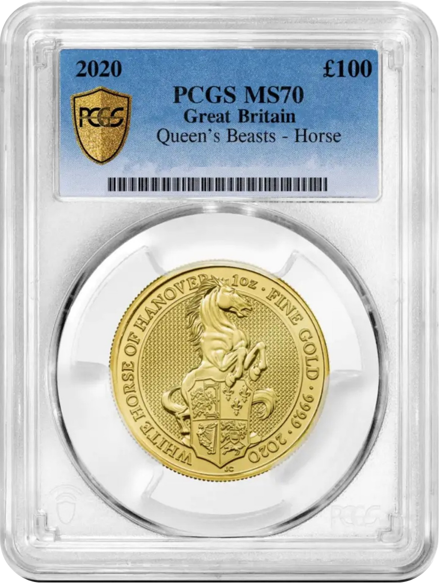 Gold coin featuring a horse rearing on its hind legs, with an ornate shield and text around it, encased in a plastic holder labeled 'Queen's Beasts - Horse' and graded MS by PCGS.