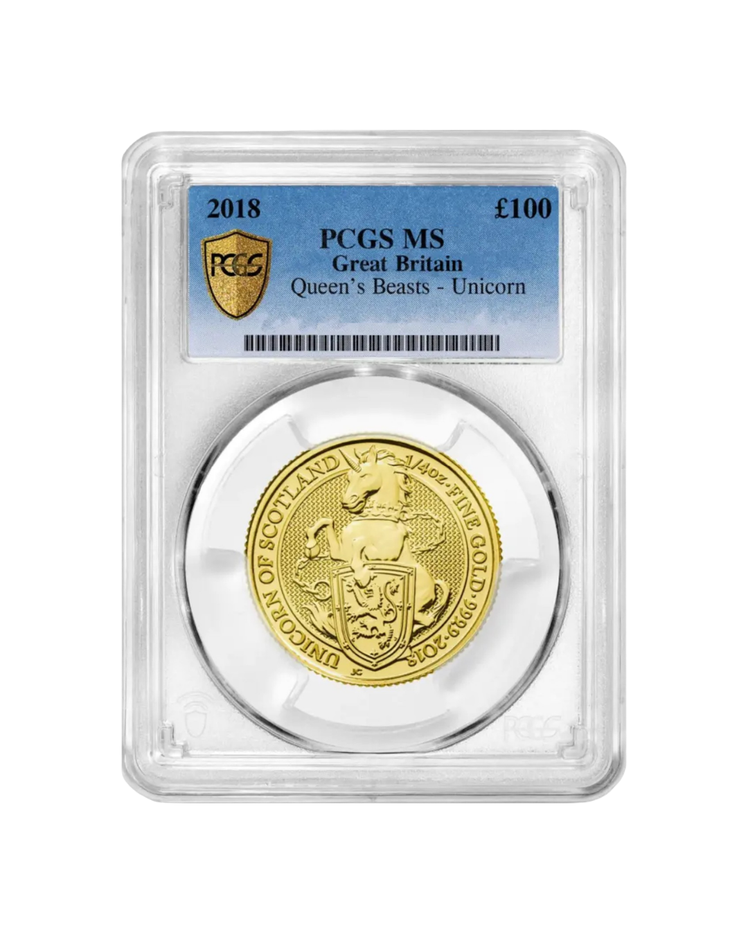 Gold coin featuring a unicorn, shield, and lion, encased in a protective slab with a label indicating it is a 2018 Queen's Beasts - Unicorn, graded MS by PCGS, valued at 100 pounds.