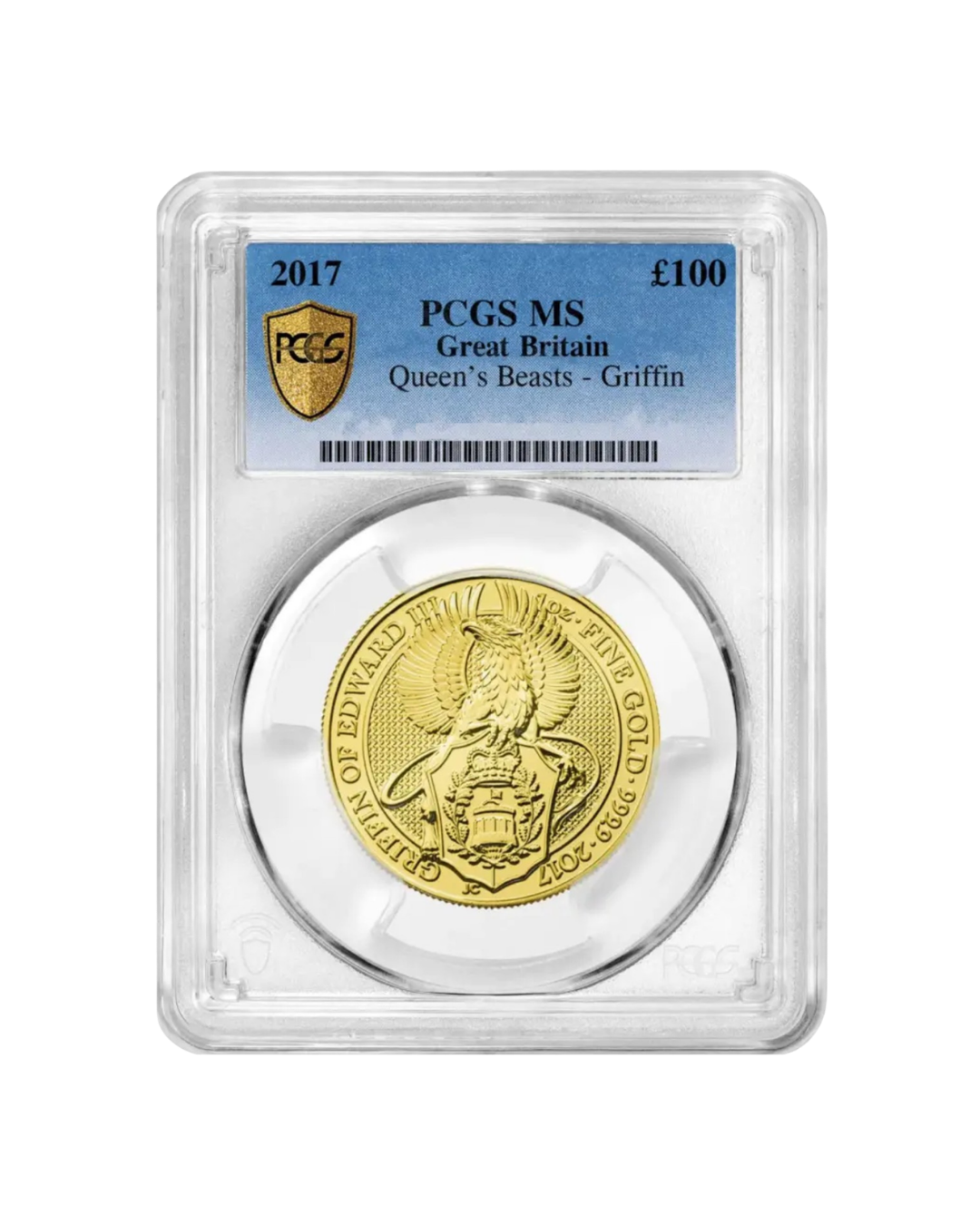 Gold coin with a griffin inside a protective plastic case, graded MS by PCGS, from Queen's Beasts series, Great Britain, dated 2017, valued at £100.