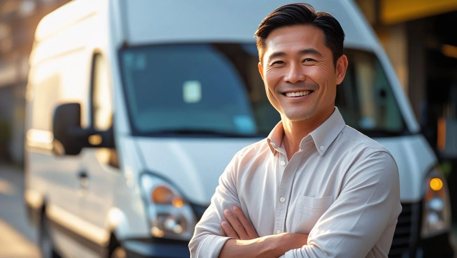 Smiling man with arms crossed standing in front of a white delivery van.