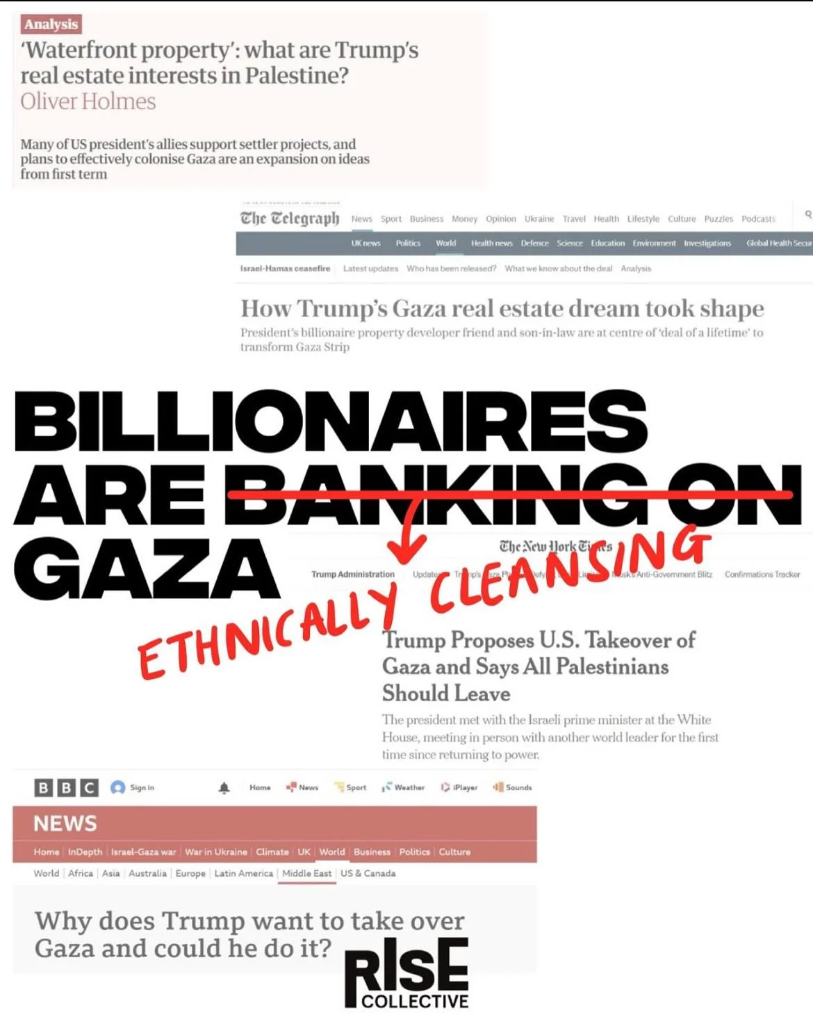 Billionaires are ethnically cleansing Gaza.
With Donald Trump’s recent commitment to “take over Gaza Strip and do a job with it too” UK traditional media has failed to call out Settler Colonialism. As imperialist propaganda surges