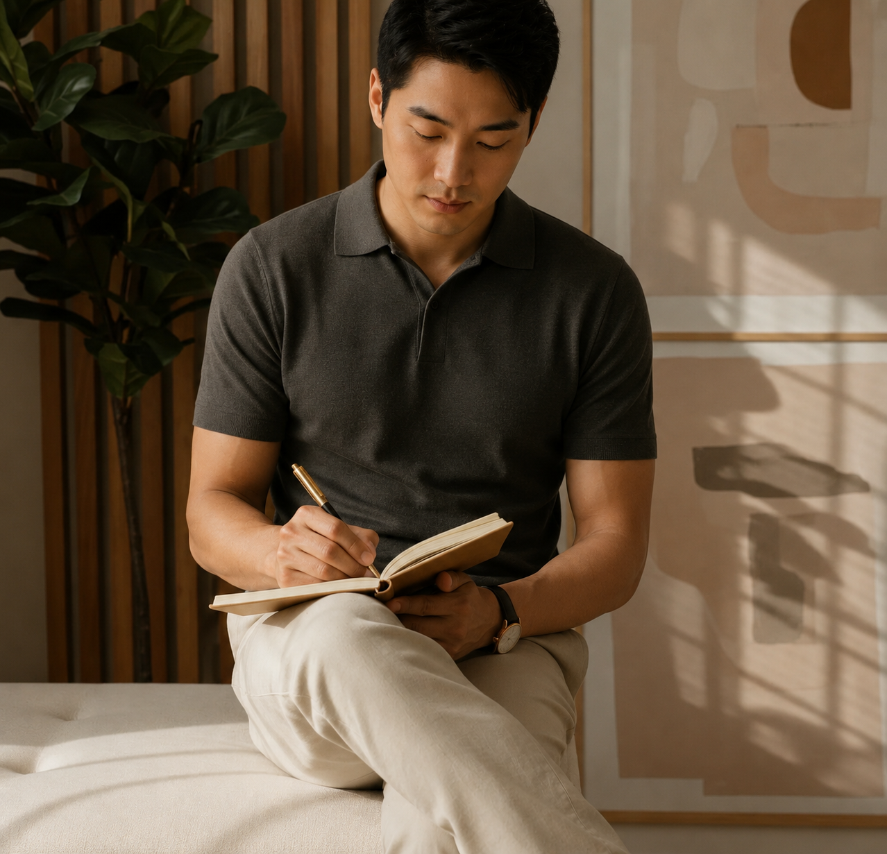 A young man sitting on a cream-colored bench, writing in a notebook with a gold pen. He is wearing a dark gray polo shirt and beige pants, and has a watch on his left wrist. There is a large leafy green plant behind him and a wooden slatted wall, with a modern abstract art piece partially visible on the wall to his right. Shadow shadows cast by window blinds are present in the background.