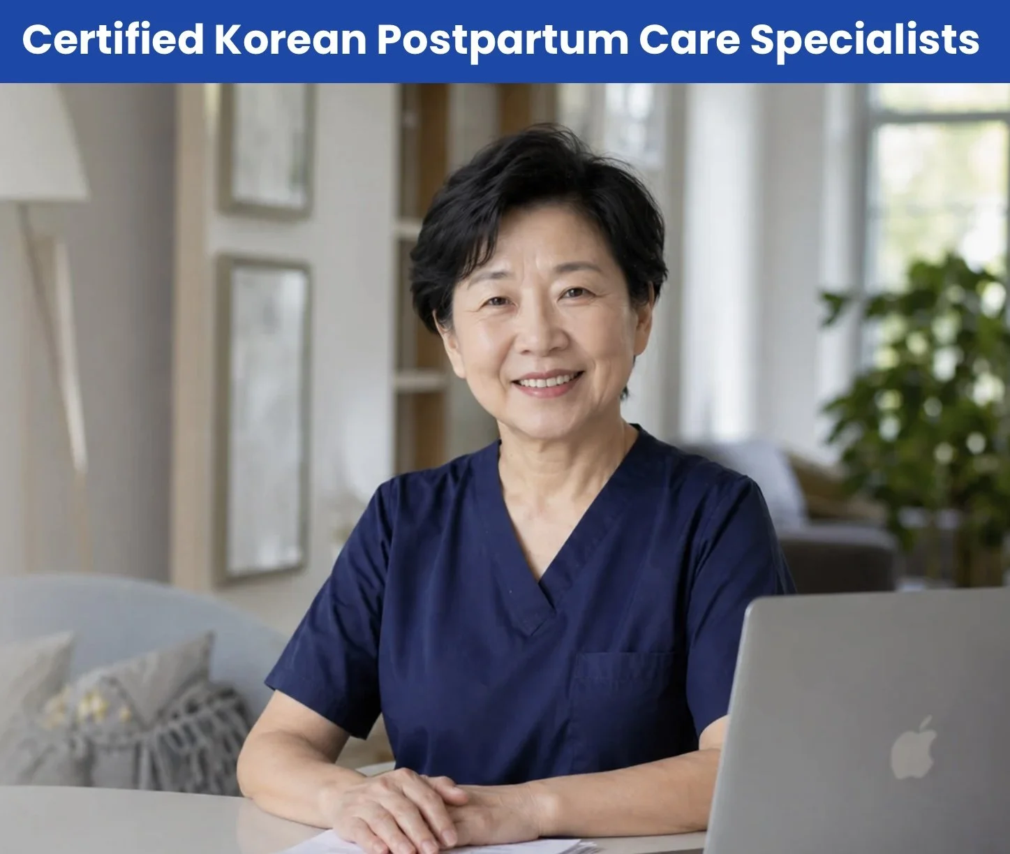 An elderly woman in a navy medical scrubs sitting at a desk with a silver MacBook laptop. She has short black hair and is smiling. Behind her, a room with white walls, windows, a lamp, and a plant is visible. The top of the image displays text in bold white letters on a blue background that reads, "Certified Korean Postpartum Care Specialists."