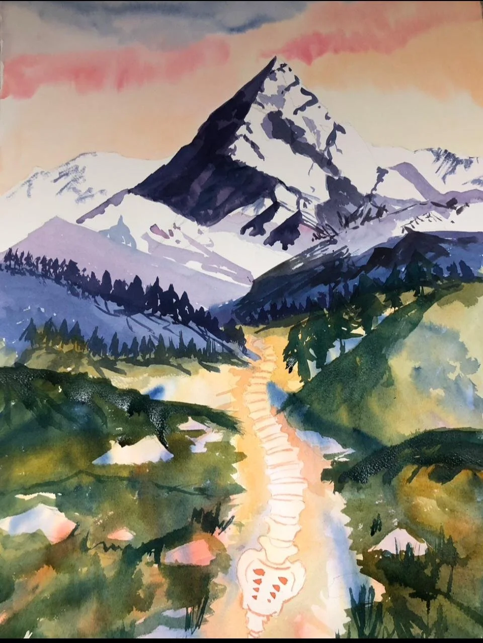 Watercolor painting of snow-capped mountains, a winding path, and a sunset sky.