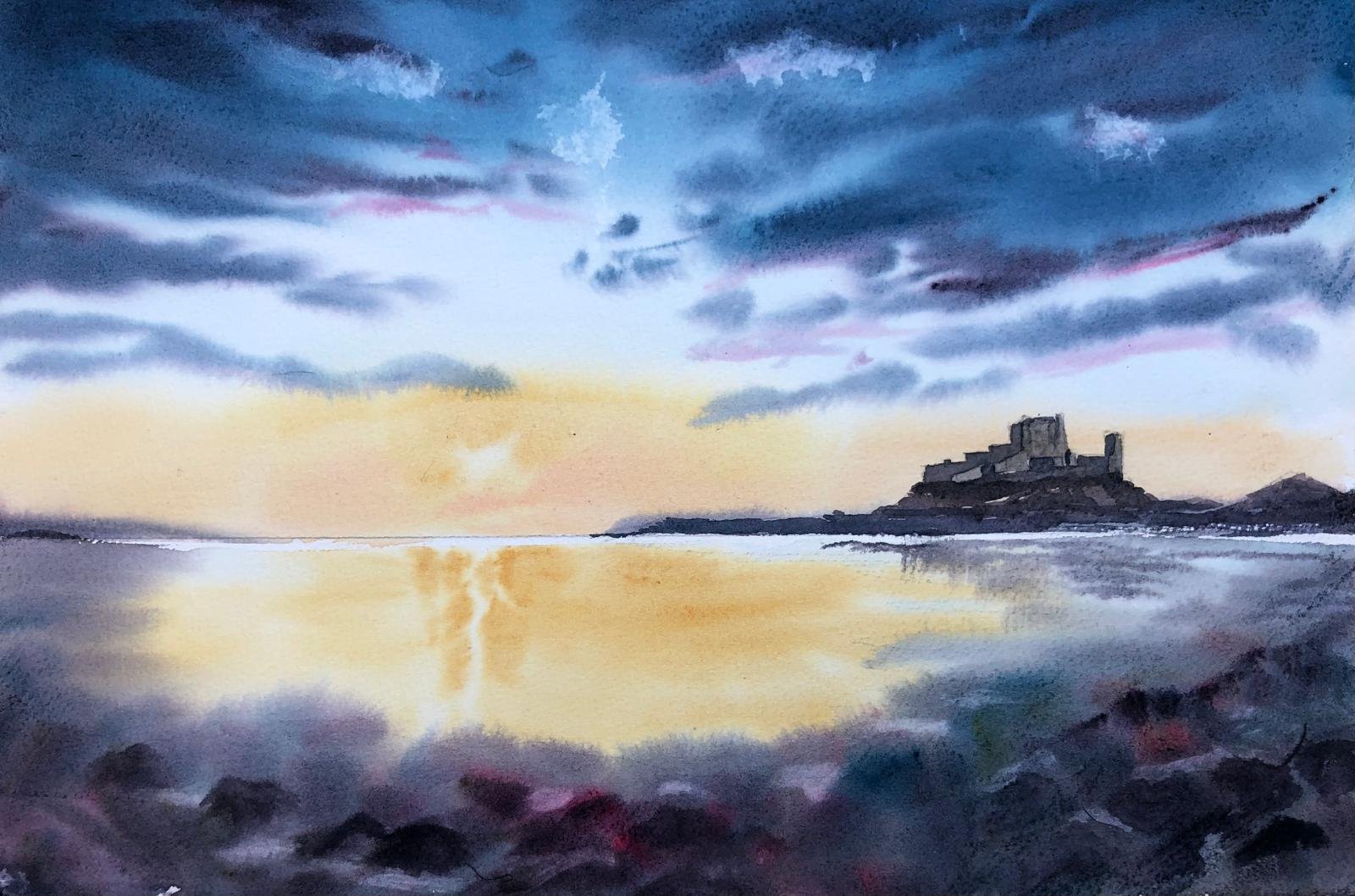 Waterfront scene during sunset with a castle on a hill in the distance, dark clouds in the sky, and the reflection of the sky on the water.