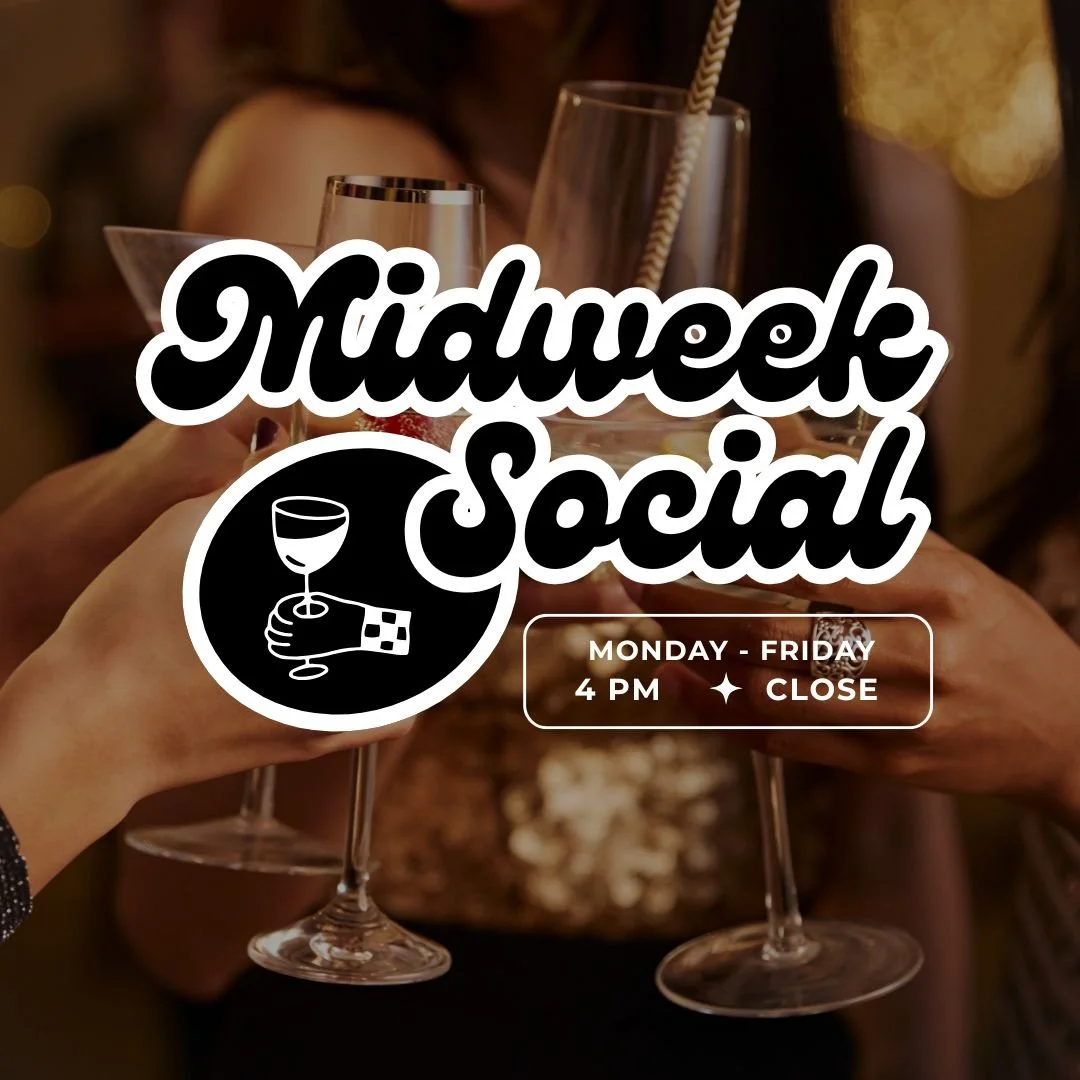 A group of people clinking wine glasses at a social gathering during a weekday evening, with a sign indicating 'Midweek Social' from Monday to Friday at 4 PM until close.
