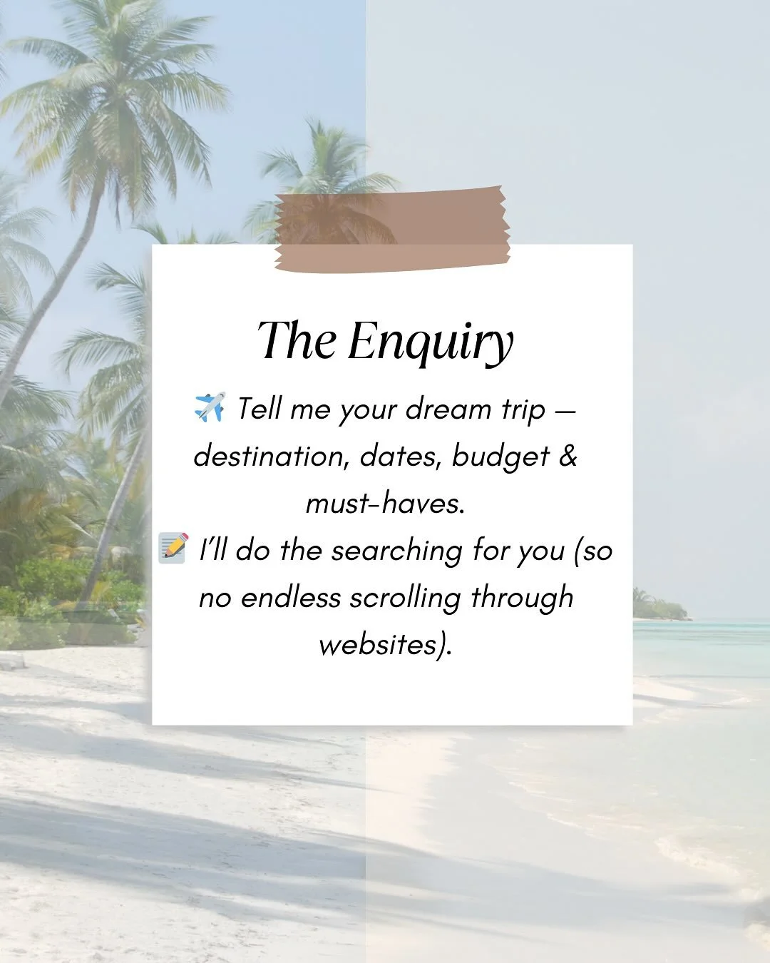 Want to know how booking with me actually works? 🧳✨
It’s super simple — you tell me what you’re looking for, I do all the hard work, send you the best options, and I’m here for you every step of the way 🌍💌
Hotels, flights,