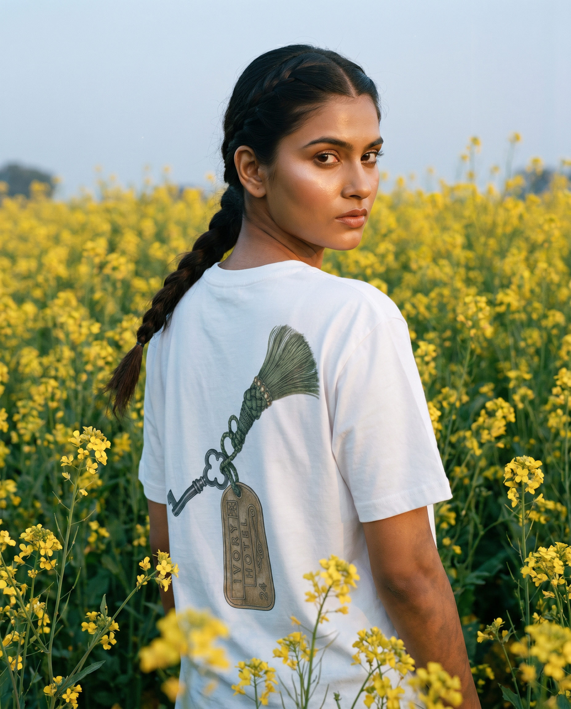 Generated with Kive.ai - white key worn by 23-year-old Indian woman with middle-parted braid_ golden tone_ and pearl sheen along cheeksYellow Flower Studio Portrait.png