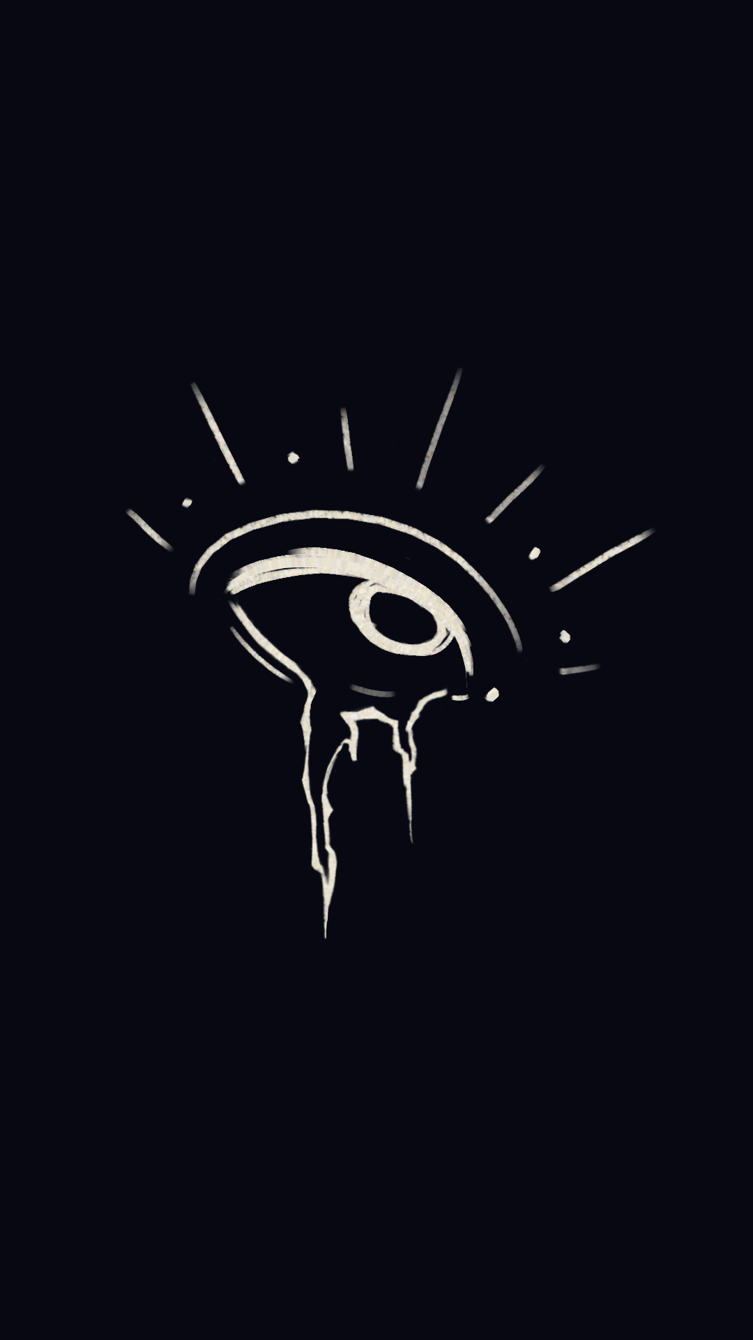 A black background with a white, stylized eye design in the center and radiating lines around it.