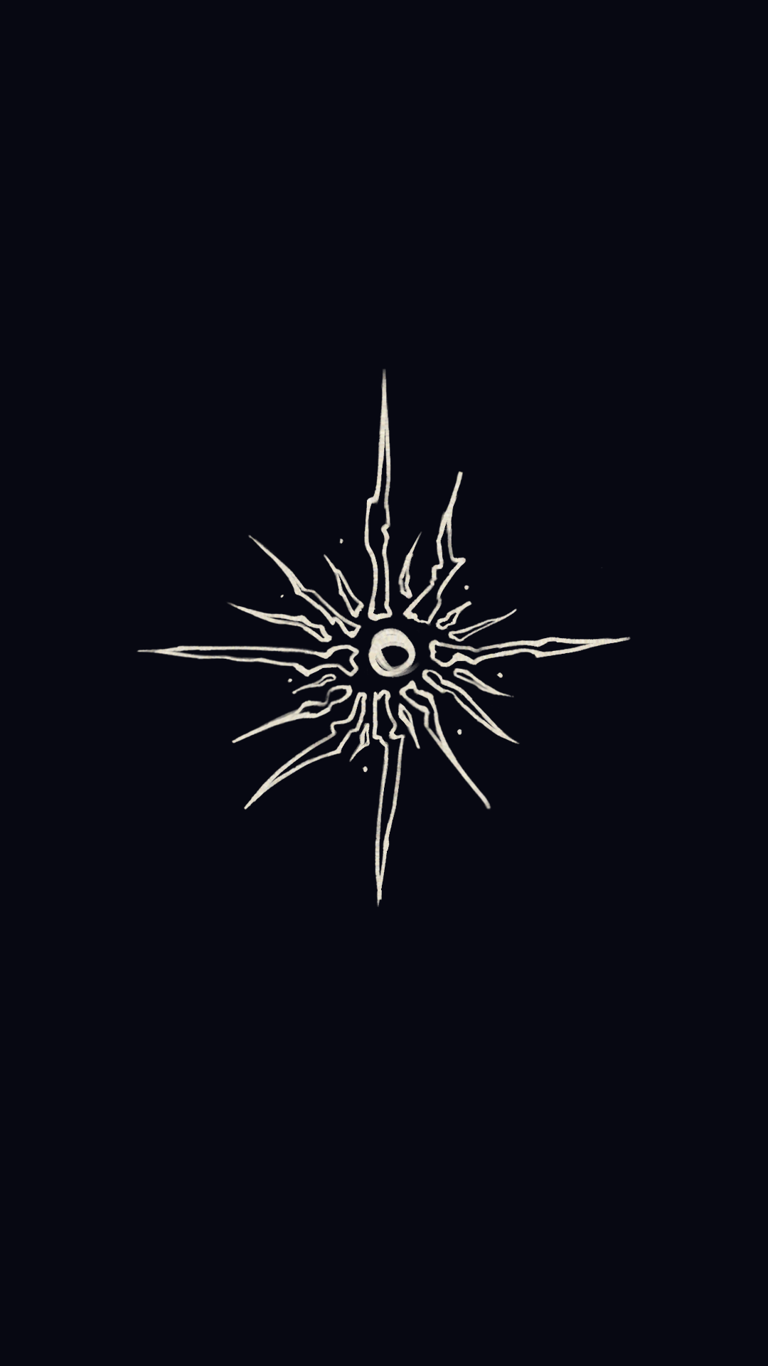 A white, star-shaped design with sharp, jagged edges on a black background.