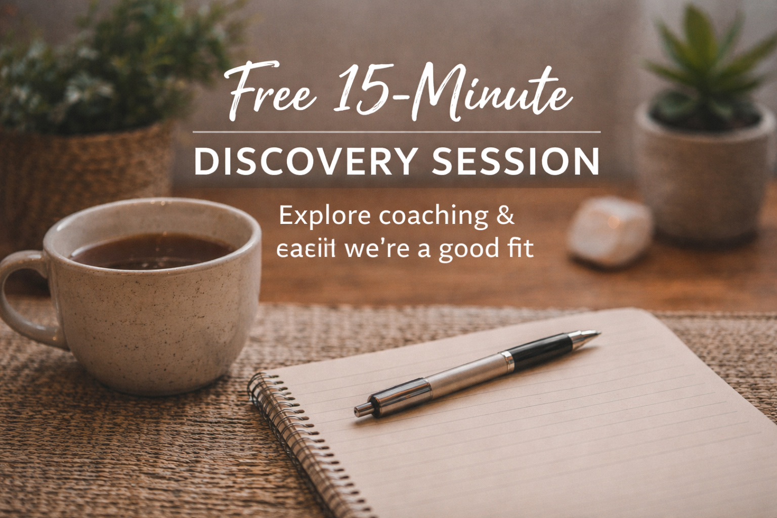 A promotional image for a free 15-minute discovery session showing a coffee mug, a notebook with a pen, and small potted plants on a wooden table.
