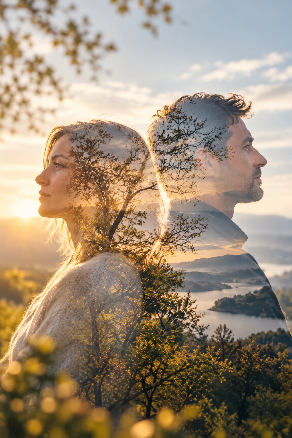 Double-exposure portrait of a man and woman with trees and a peaceful lakeside landscape.