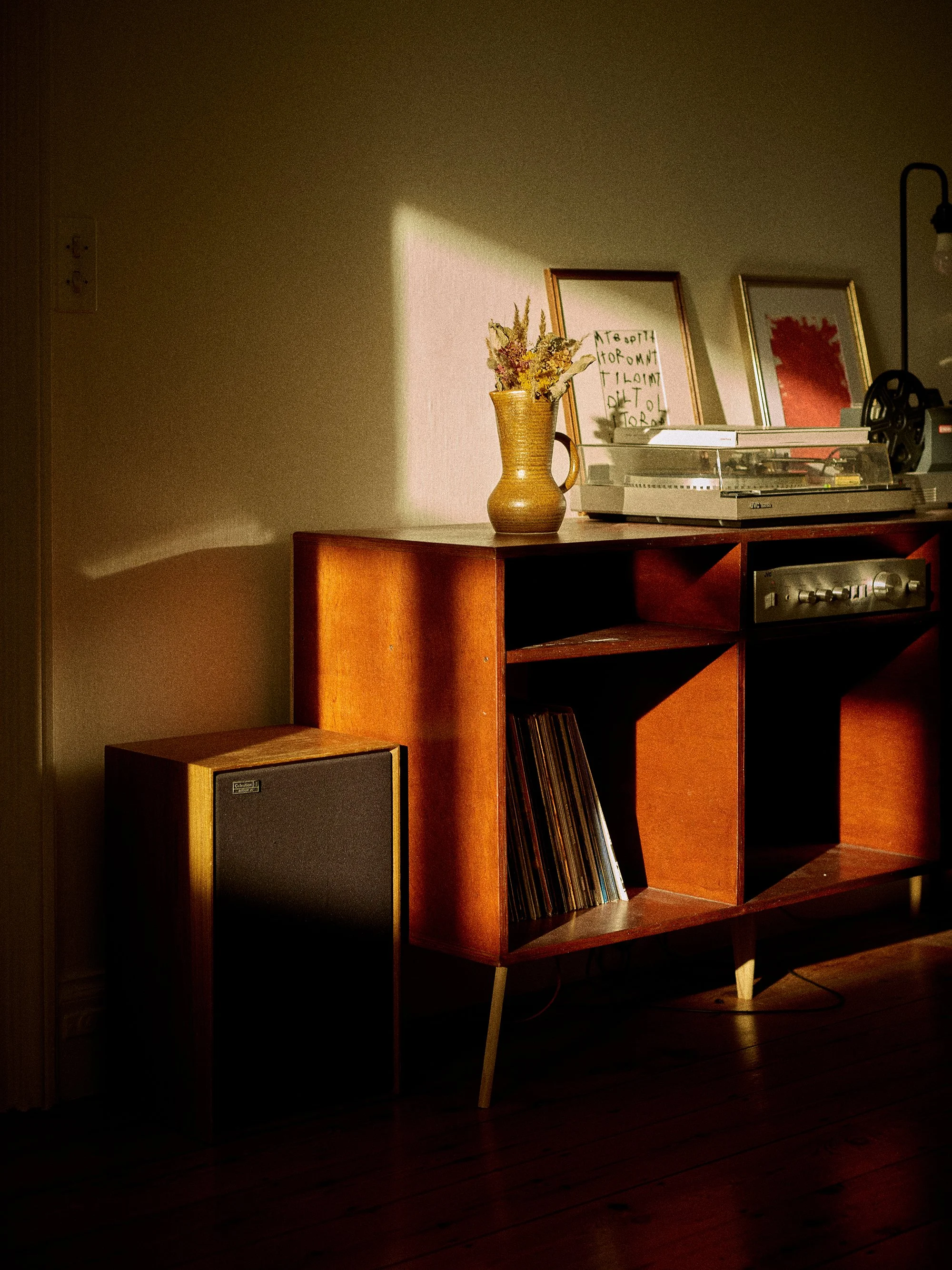 Une étagère en bois avec un tourne-disque, un vase avec des fleurs, des cadres, et une enceinte à côté, sous une lumière tamisée. photographié par un photographe spécialisé en architecture d'intérieur à Lille.