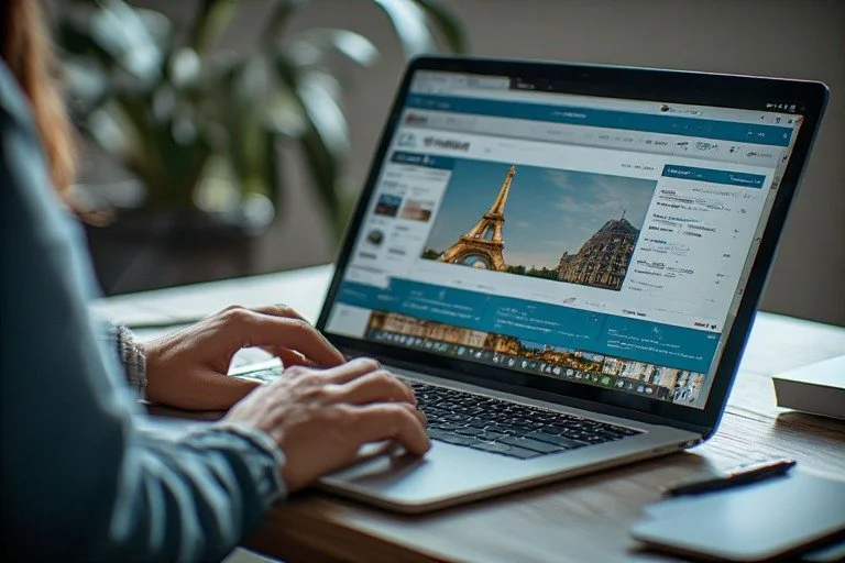 Person browsing a travel website on a laptop, with an image of the Eiffel Tower on the screen.
