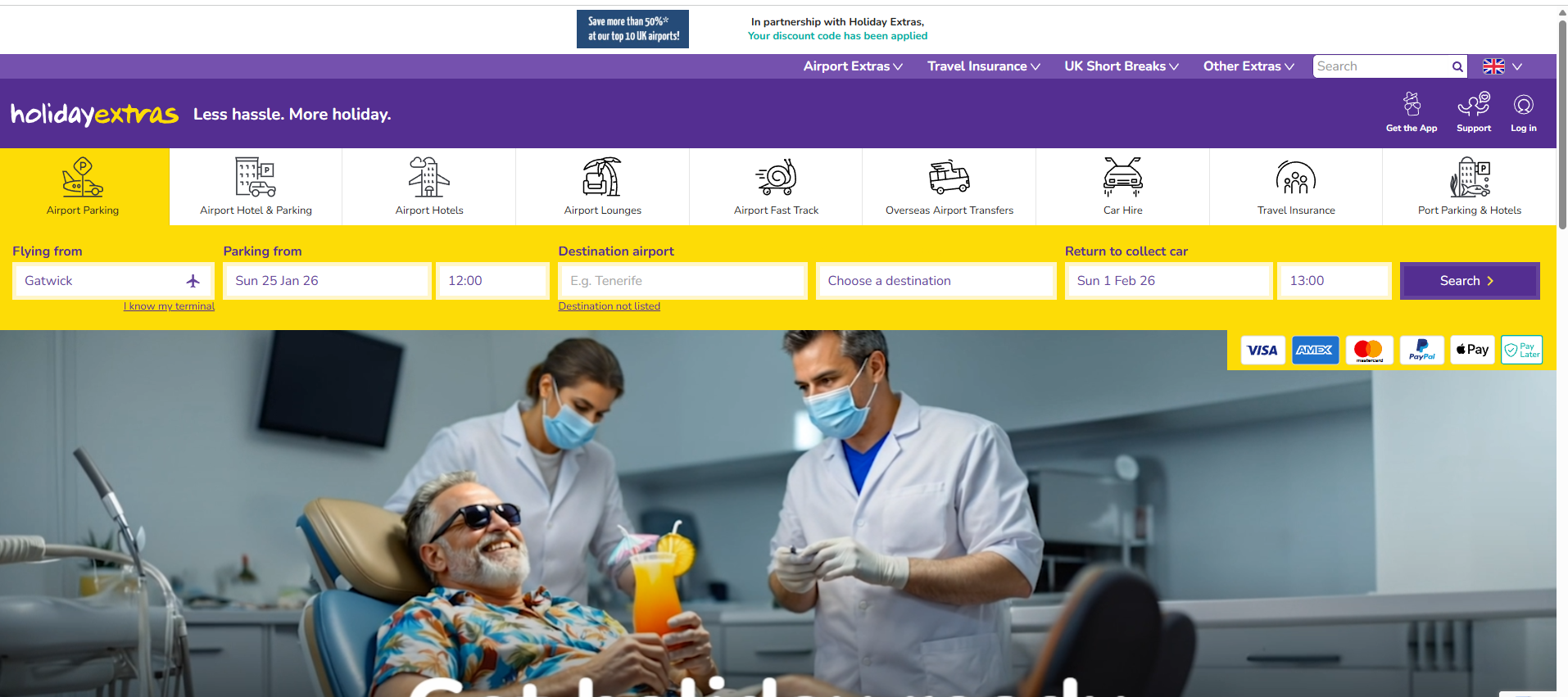 Medical scene showing a smiling older man with sunglasses in a dentist's chair, holding a cocktail, with two dental professionals wearing masks and gloves attending to him