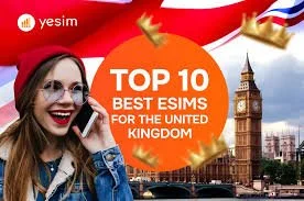 A woman smiling and talking on her cellphone with Big Ben and the UK Parliament in the background, and a graphic overlay listing the top 10 best ESIMs for the United Kingdom.