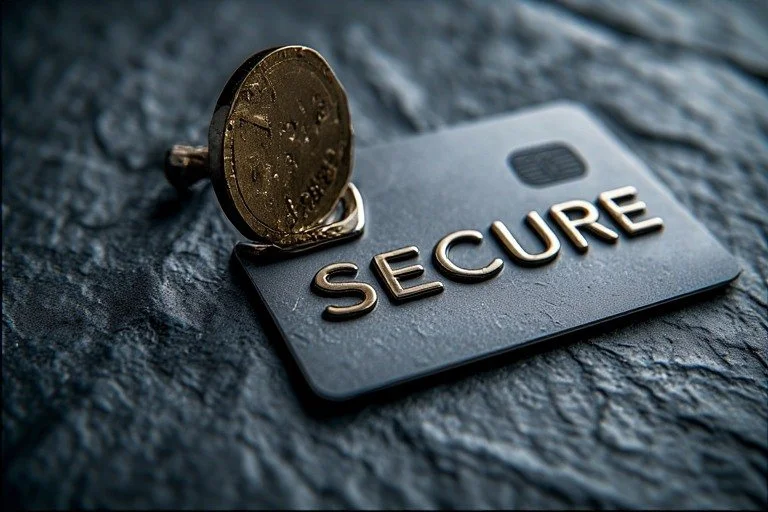 A credit card with the word 'SECURE' in raised metallic letters, and a gold coin inserted into a slot on the card, all on a dark textured surface.