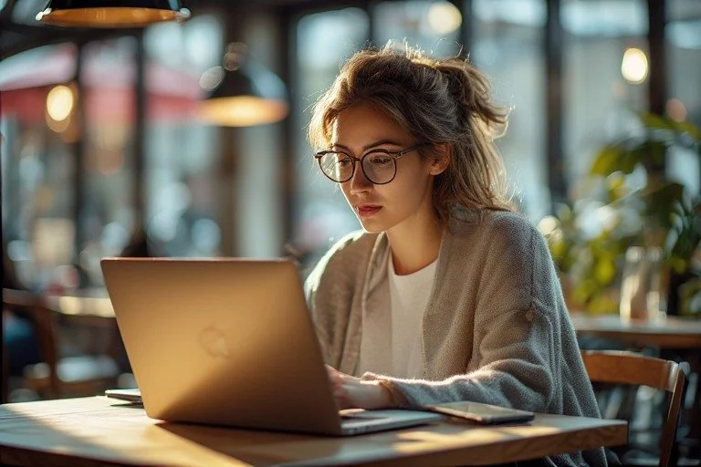 A young woman with glasses typing on a laptop at a wooden table in a cozy cafe with warm lighting and plants.