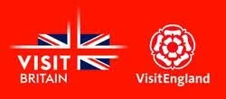 Red background with a Union Jack flag, the text 'VISIT BRITAIN' and the VisitEngland logo.