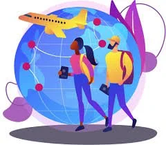 Two travelers with backpacks looking at an illustration of the globe, airplane, and travel-related icons.