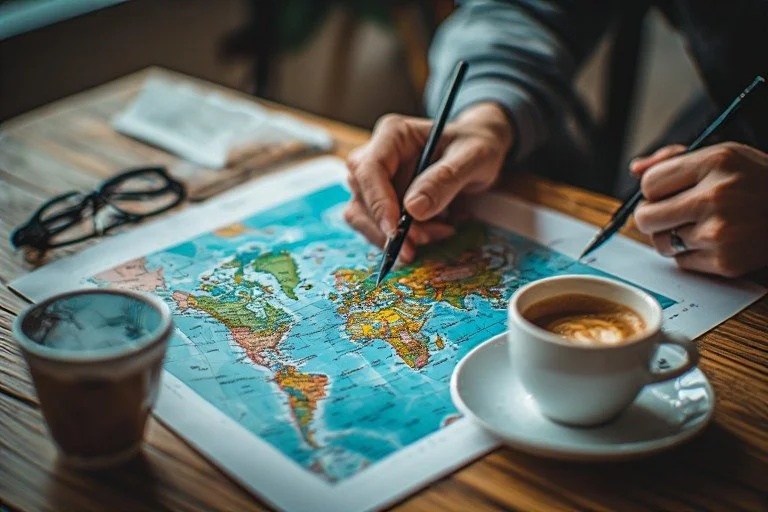 Two people are working on a world map, using pens to point at different countries. A cup of coffee and a mug are also on the table.
