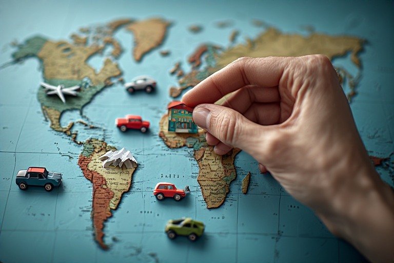 Hand placing a small model house on the map of Africa with toy cars and paper airplanes around it.