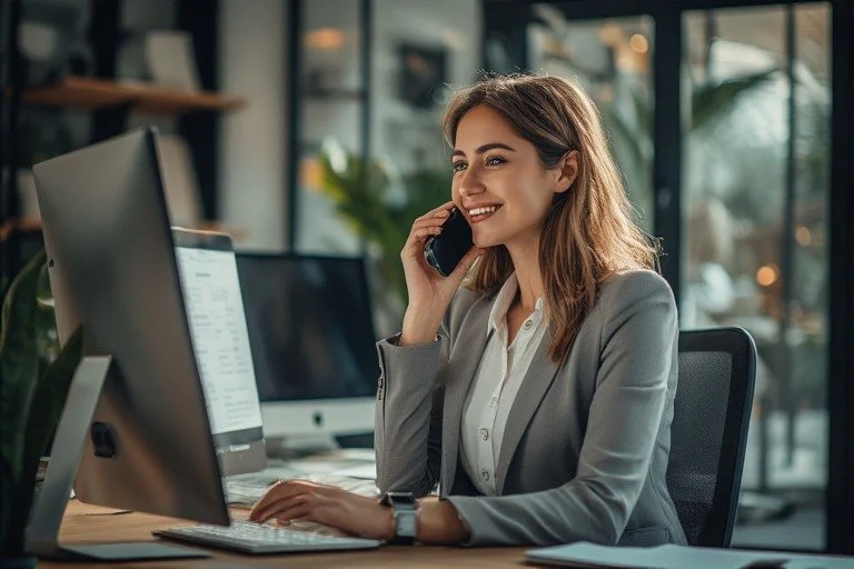 A professional woman in a gray blazer and white blouse, smiling while talking on her cellphone in a modern office with computers and large windows.