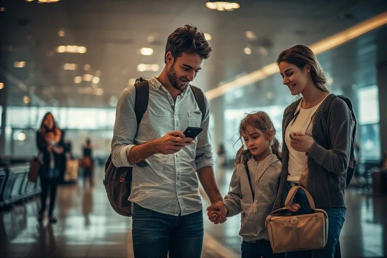 A family of three at an airport terminal, looking at a tablet or smartphone together, with the father and mother holding their daughter's hands, all smiling.