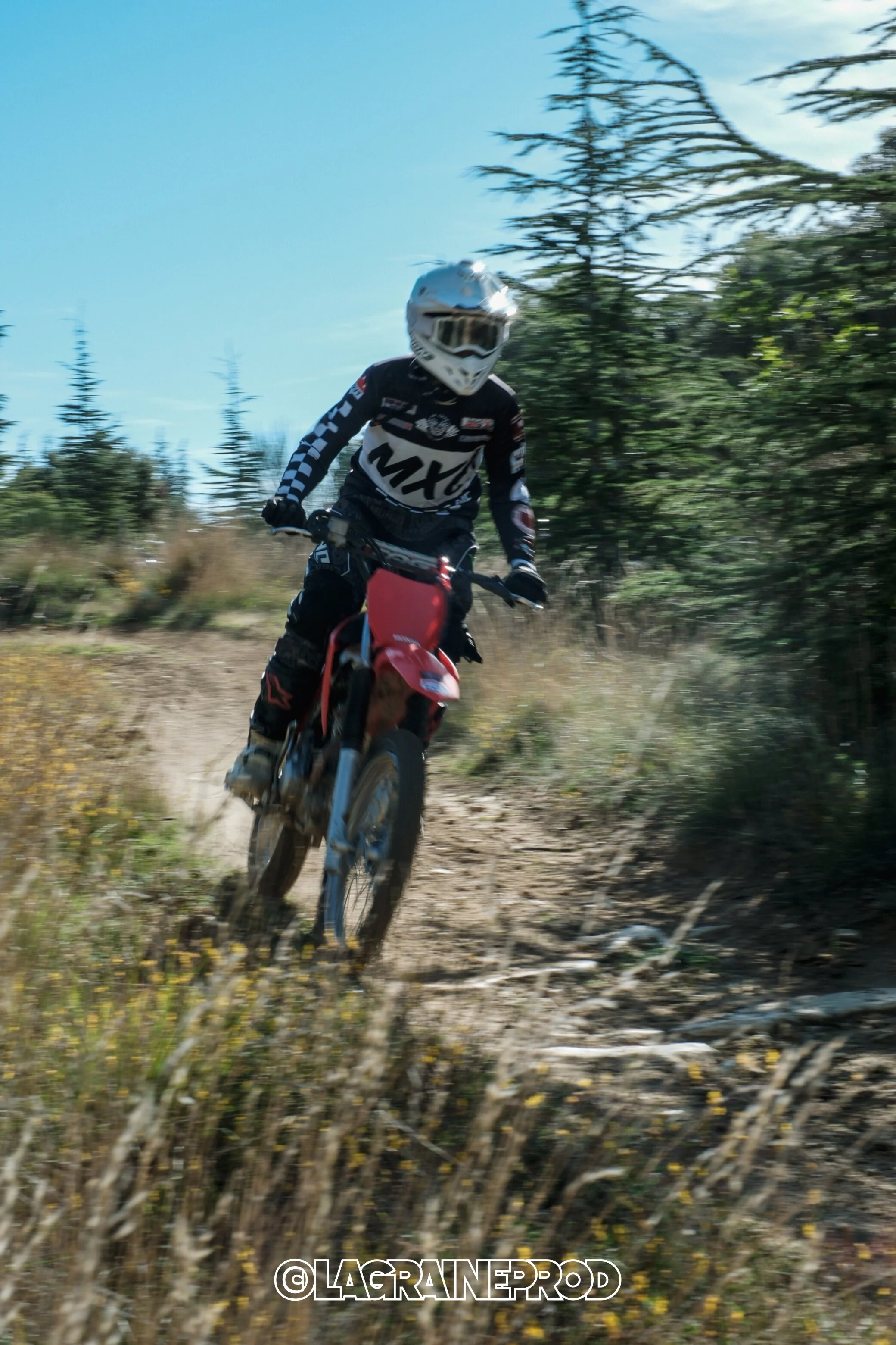 Un motocycliste en tenue de protection et casque blanc, roulant sur un sentier de terre dans une forêt.