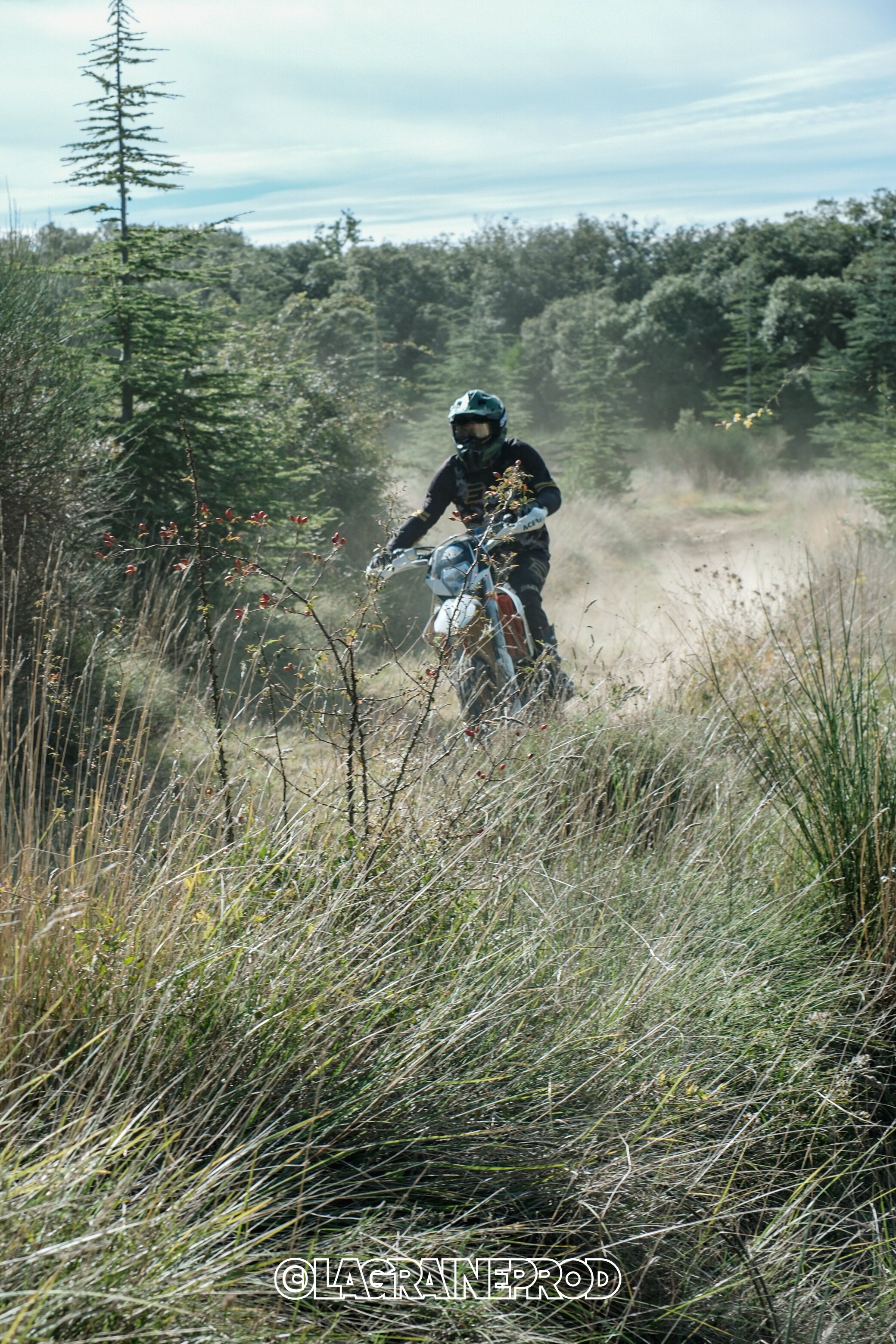Un motocrosseur portant un casque et des vêtements noirs chevauche une moto à travers un terrain herbeux et broussailleux avec des arbres en arrière-plan.
