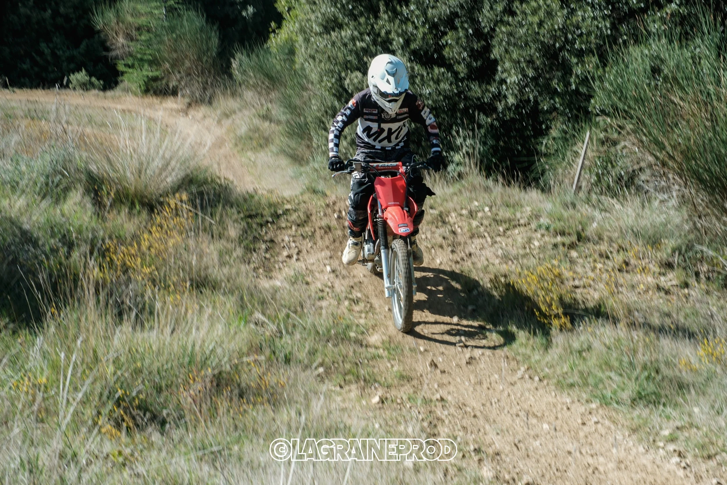 Un motocycliste portant un casque blanc et une tenue de sport colorée, roulant sur un chemin de terre en zone naturelle avec des buissons et de l'herbe.