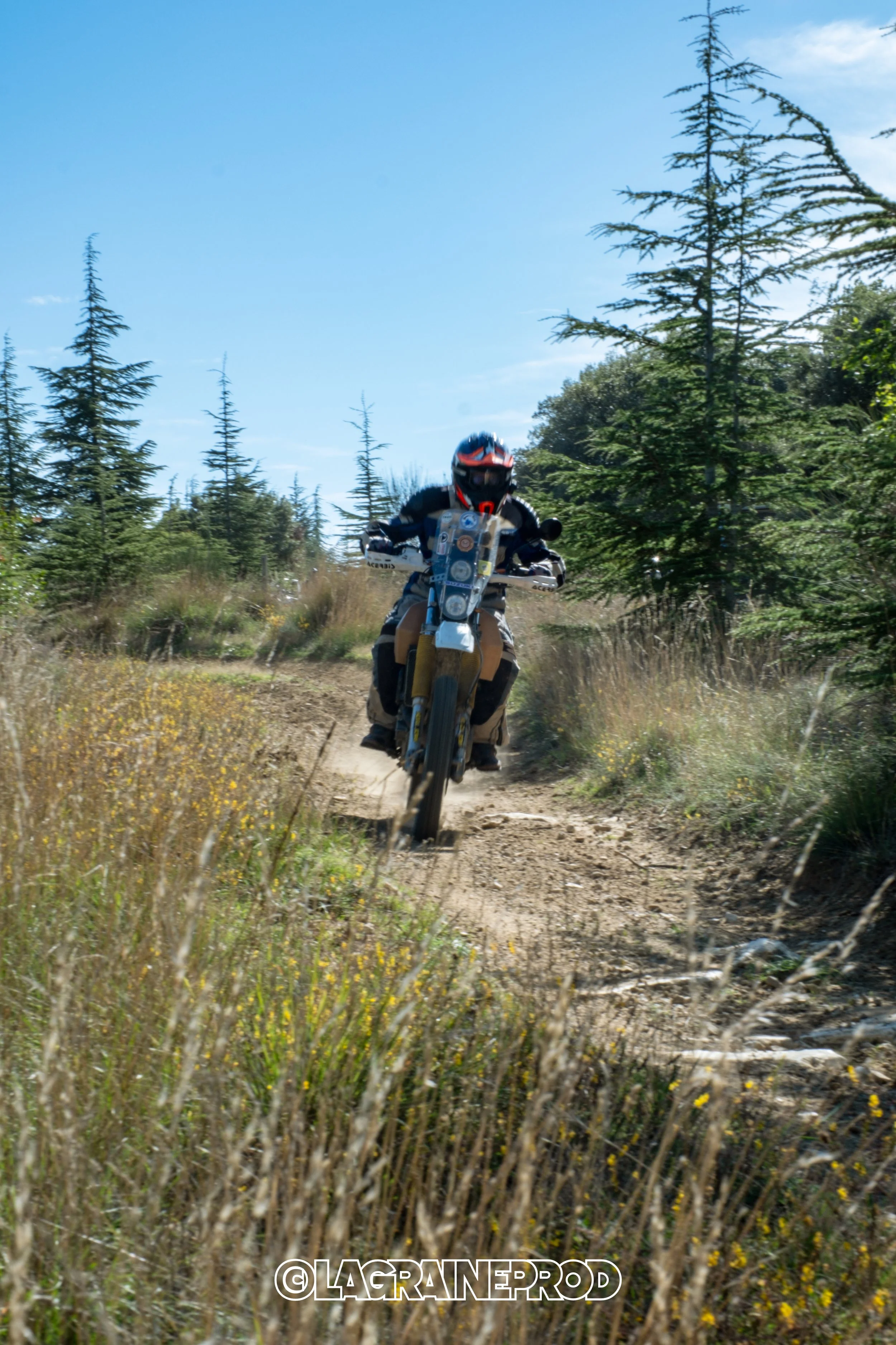 Un motard porte un casque rouge et noir, et pilote une moto tout-terrain sur un sentier en forêt, sous un ciel bleu.