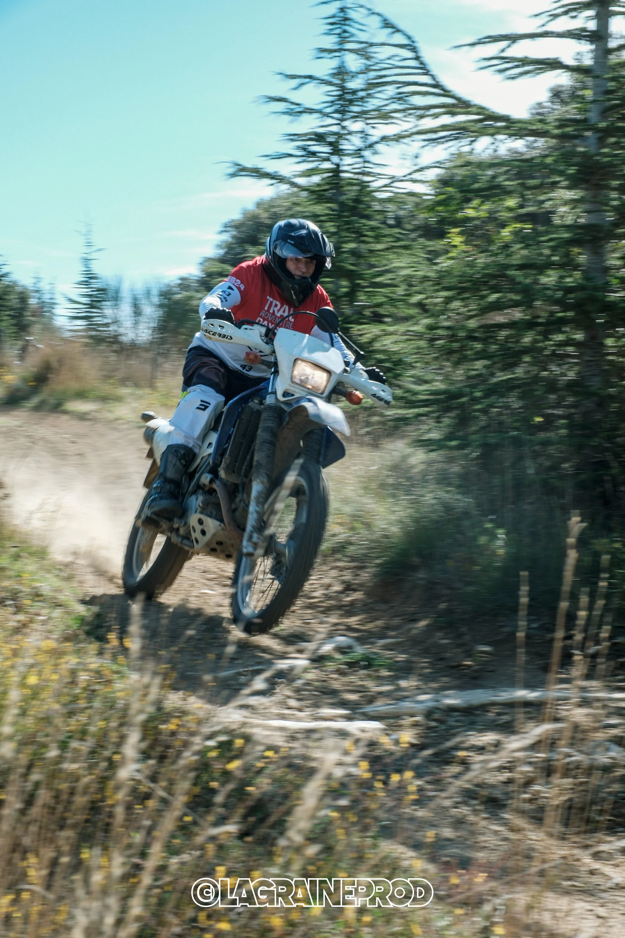 Un homme en casque et vêtements de protection pratique la moto tout-terrain sur un sentier en pleine nature avec des arbres et des buissons.