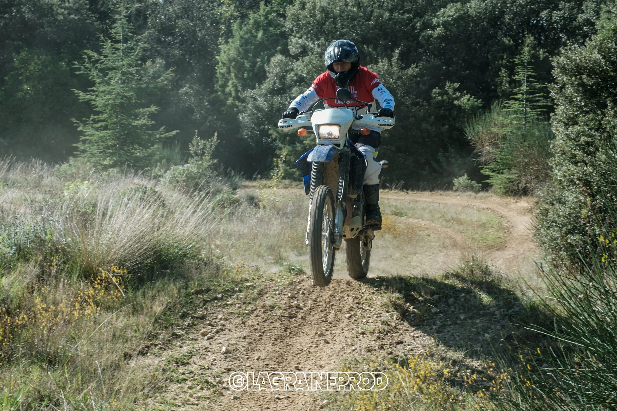 Un motocycliste portant un casque noir et une tenue de protection, sautant un petit obstacle sur une piste de terre en forêt dense.