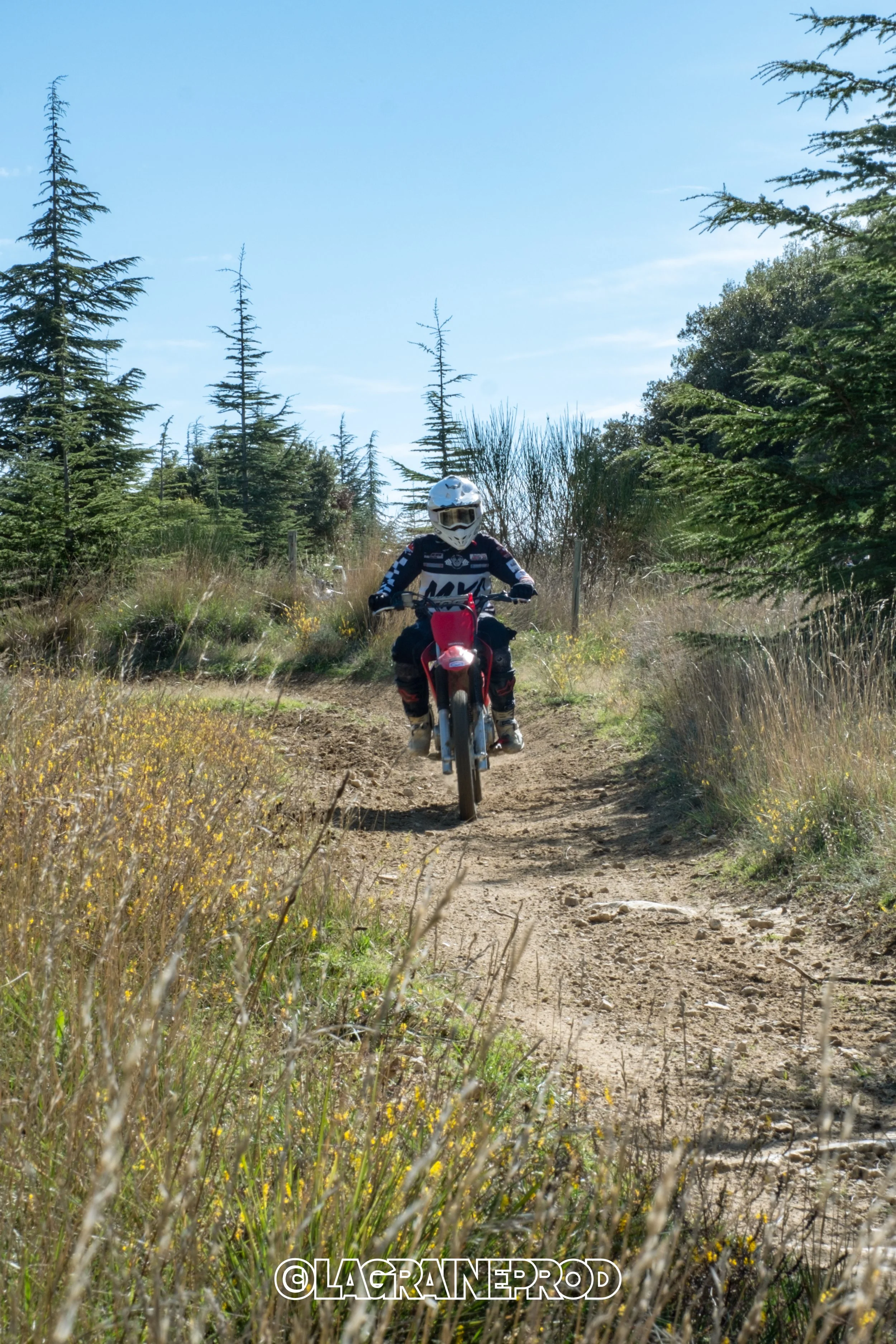 Personne portant un casque de moto et un équipement de motocross, roulant en moto cross sur un sentier en pleine nature, entourée d'arbres verts et de végétation sèche, sous un ciel bleu.