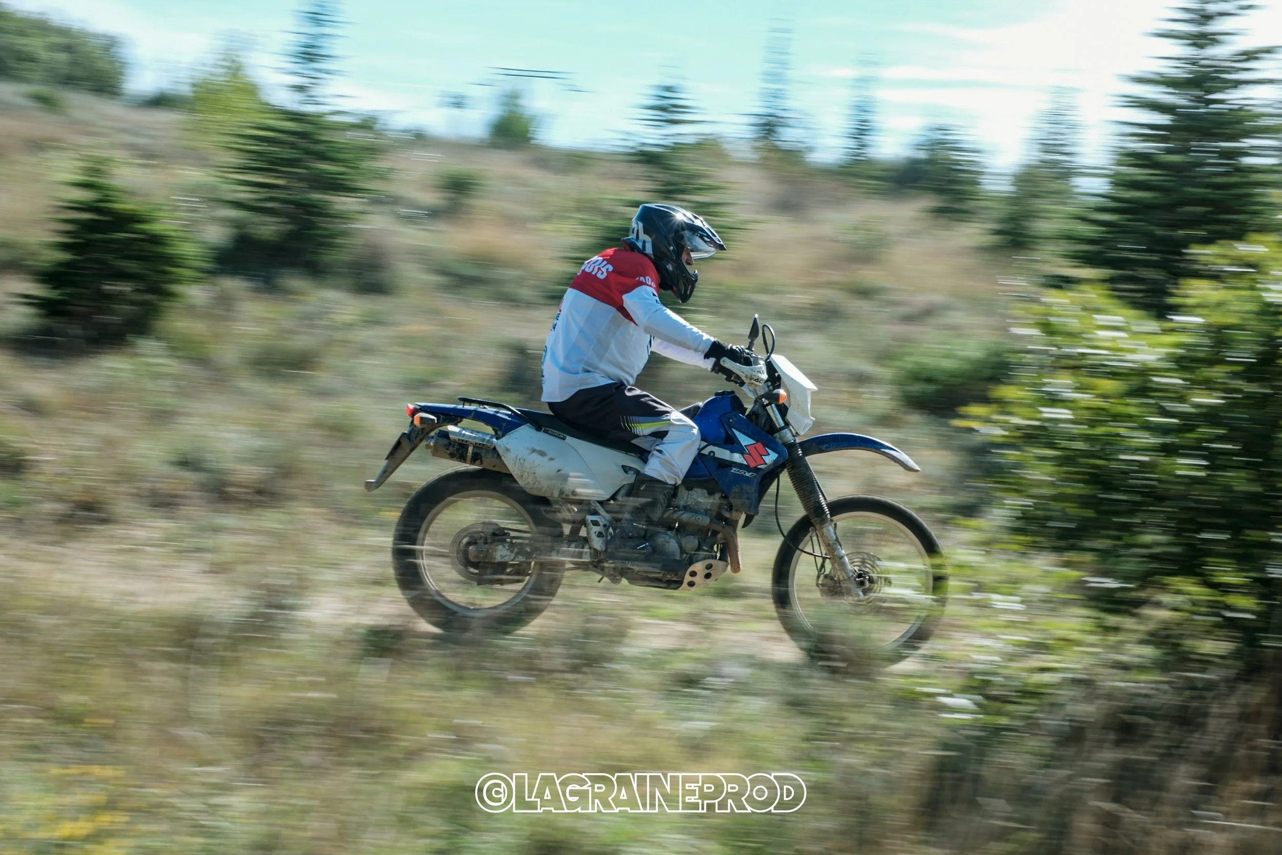 Motocycliste portant un casque noir, une veste blanche avec des accents rouges, roulant à grande vitesse sur une moto de couleur bleue dans un paysage naturel avec végétation et terrain herbeux.