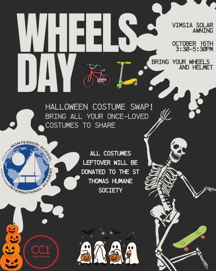 ⚡️Tomorrow: Wheels Day &mdash; Halloween Costume Swap Edition! 👻🛴

Bring your once-loved costumes to share, swap, and give them a second life! All leftover costumes will be donated to @humanesocietyofstthomas.
 
🕞 3:30&ndash;5:30 PM under the sola