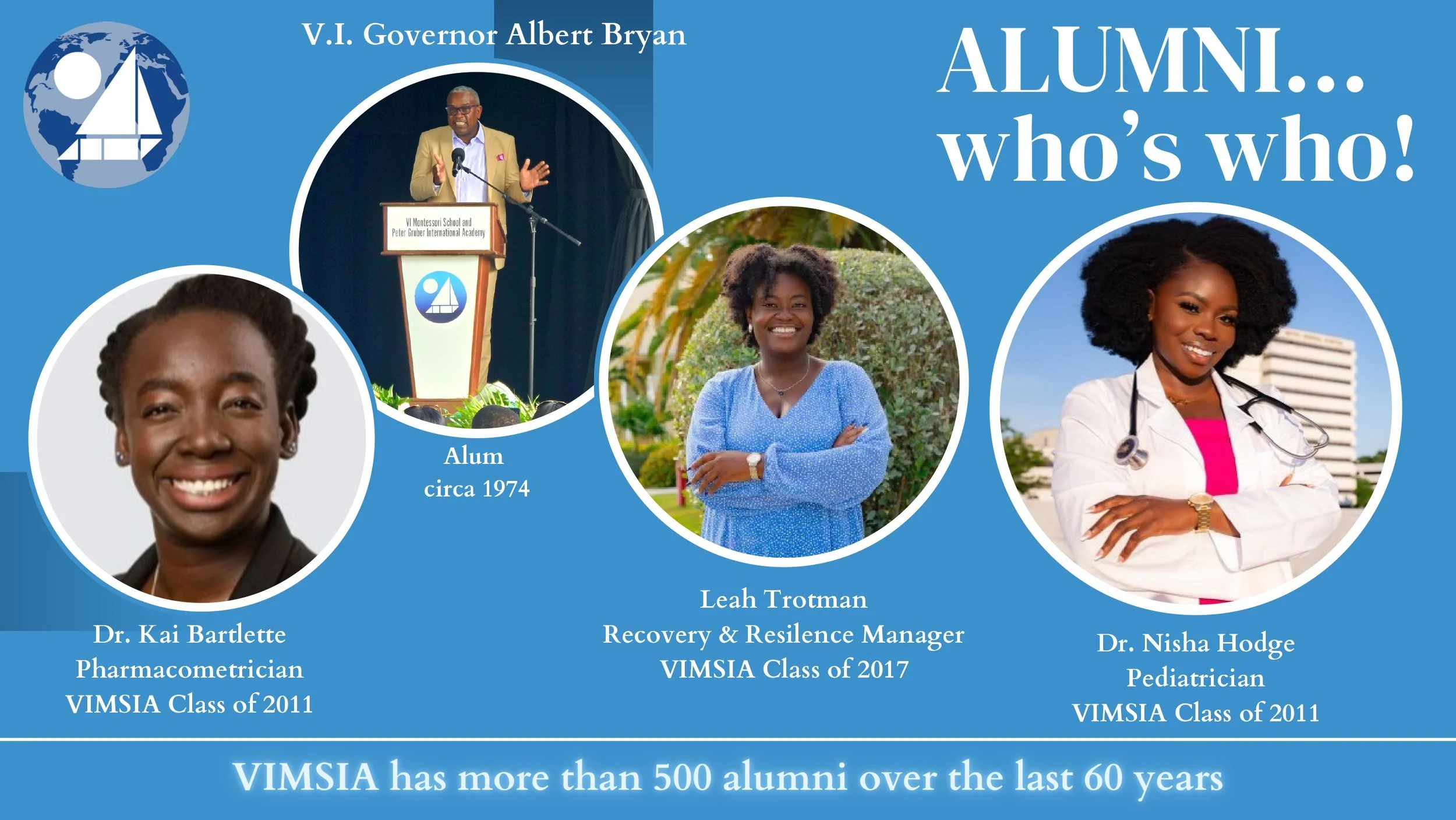 Design celebrating VIMSIA alumni with photos of three women and one man, including Dr. Kai Bartlett, Leah Trotman, and Dr. Nisha Hodge, and a speaker at a podium, all set against a blue background with text highlighting their achievements and the organization's history.