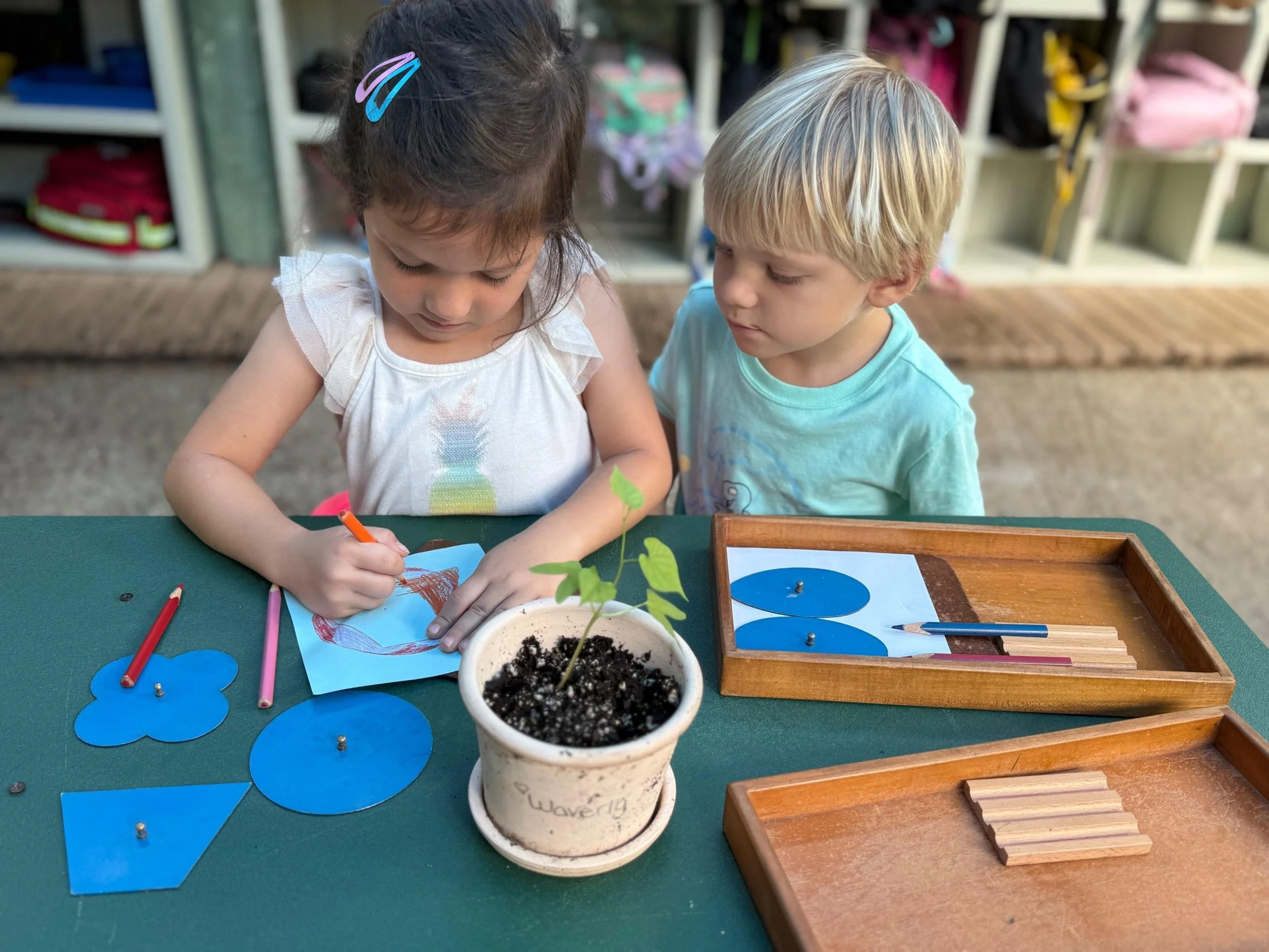 Two young children, a girl and a boy, are seated at a green table outdoors. The girl is coloring on a piece of paper with crayons while the boy watches. There are blue paper shapes and wooden blocks on the table, and a potted plant with a small seedling in the center.