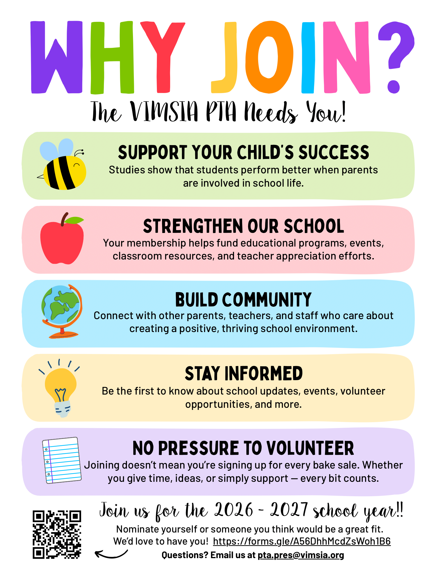A colorful informational flyer promoting membership in VIMSIA PTA for the 2026-2027 school year, highlighting benefits such as supporting student success, strengthening the school, building community, staying informed, and volunteering without pressure.