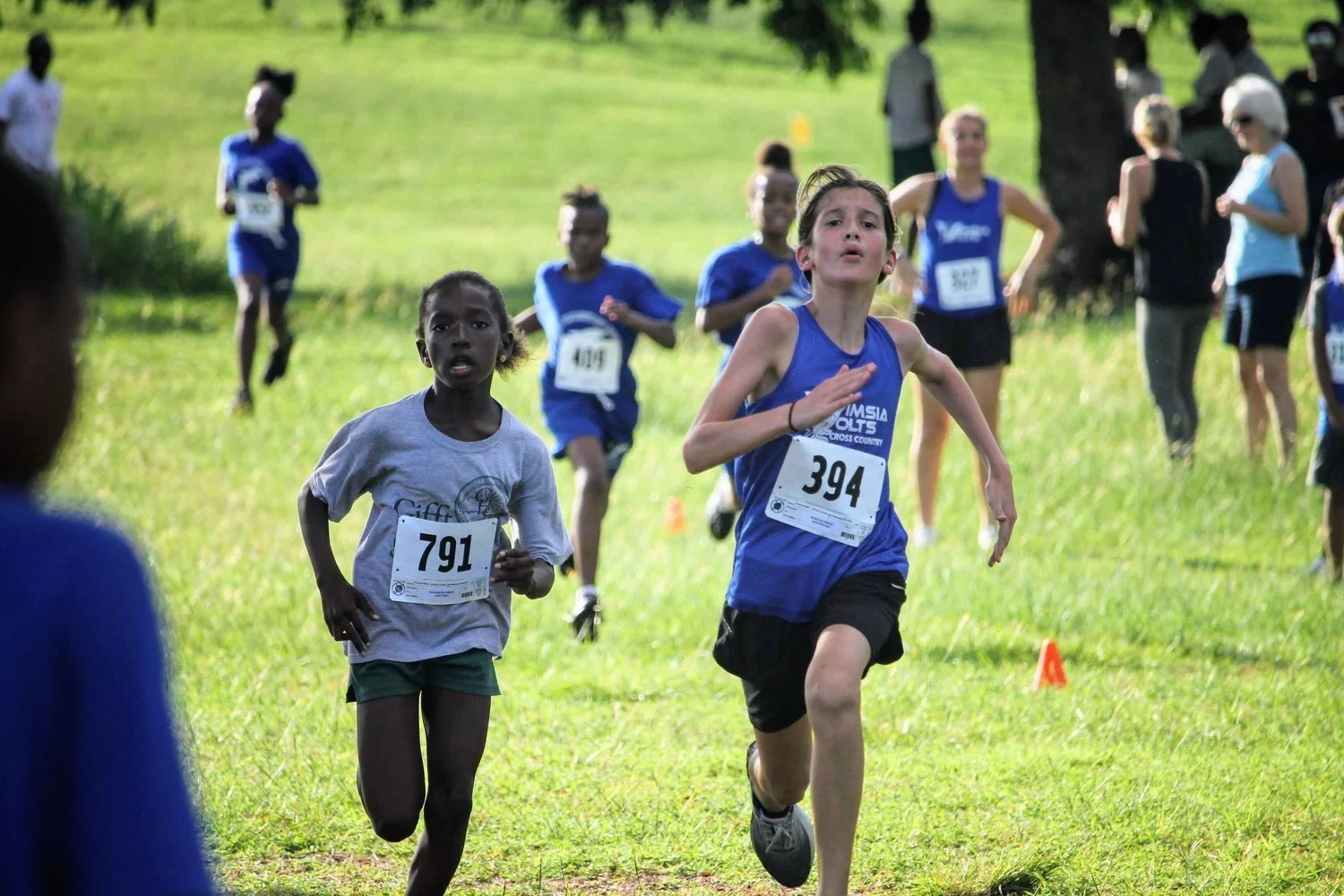 Children participating in a cross country race running on a grassy field with trees in the background.