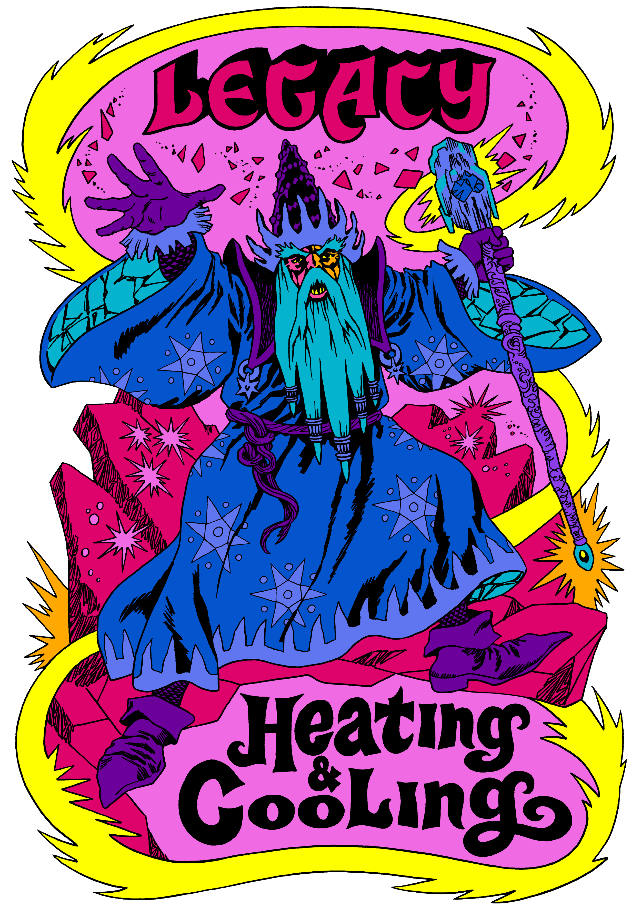 A colorful, comic-style illustration of a wizard with a long beard and a pointed hat, holding a staff with a glowing gem, casting ice magic, with the words 'Legacy Heating & Cooling' in bold, stylized lettering.