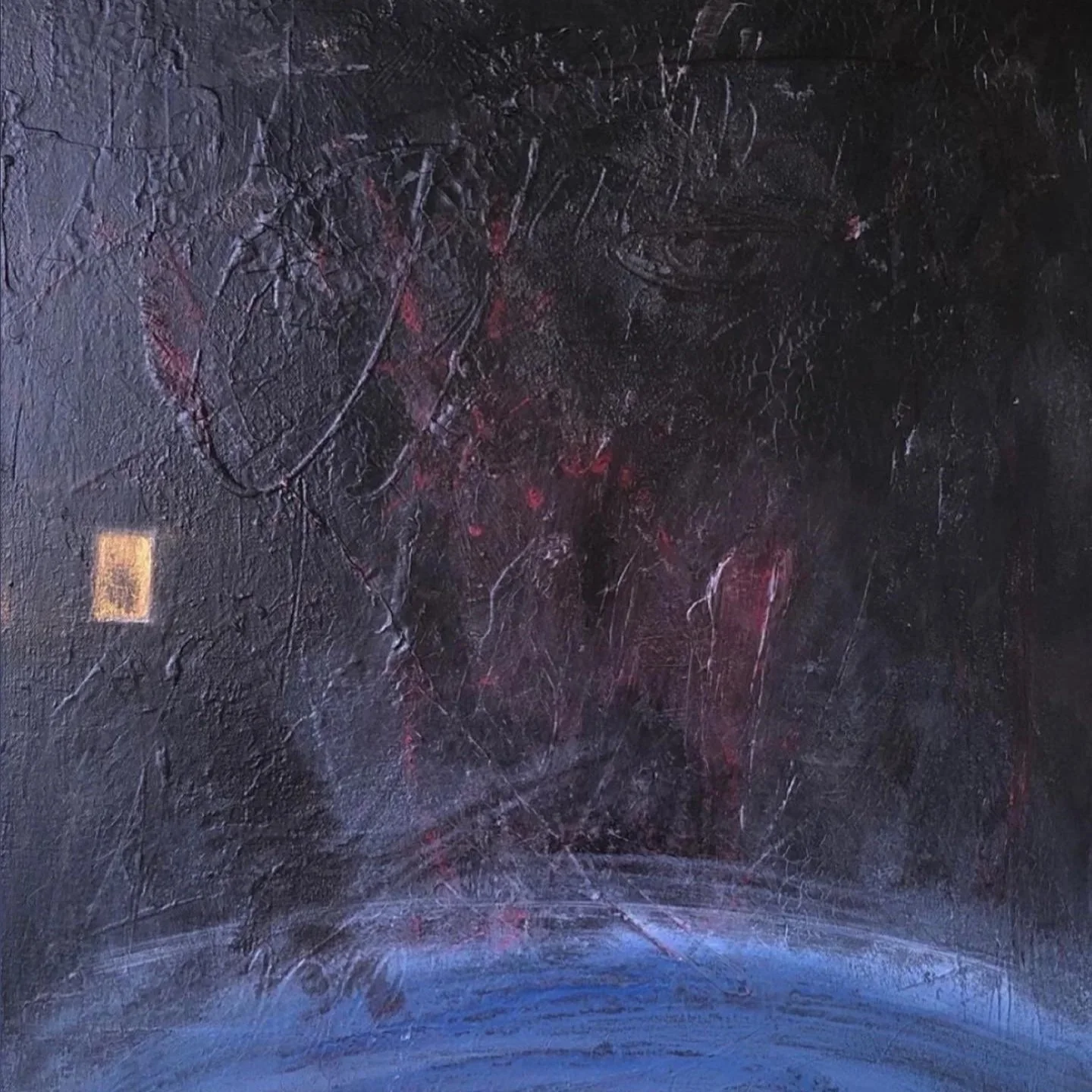Abstract painting with a dark background, red accents, and a blue semi-circle at the bottom.