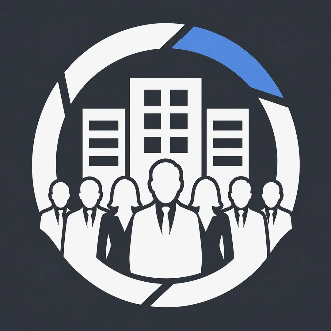 Illustration of a group of professional people standing in front of office buildings, with a circular design and a blue accent.