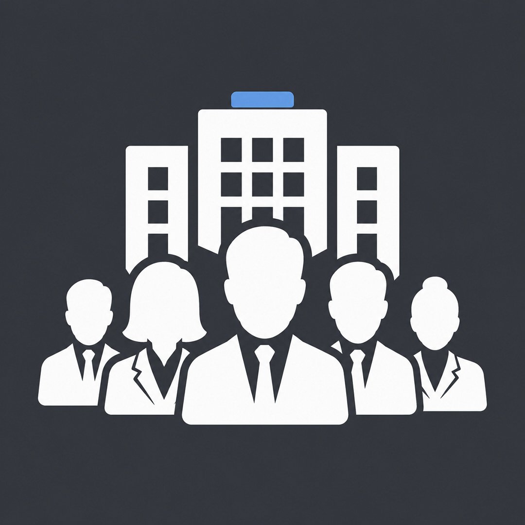 Silhouette of five business professionals in front of a large office building.
