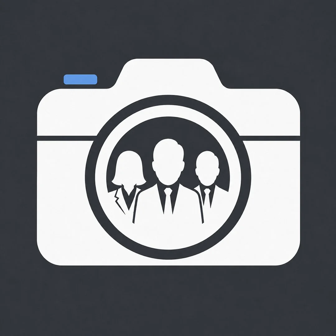 Icon of a camera with a group of three businesspeople inside the lens area.