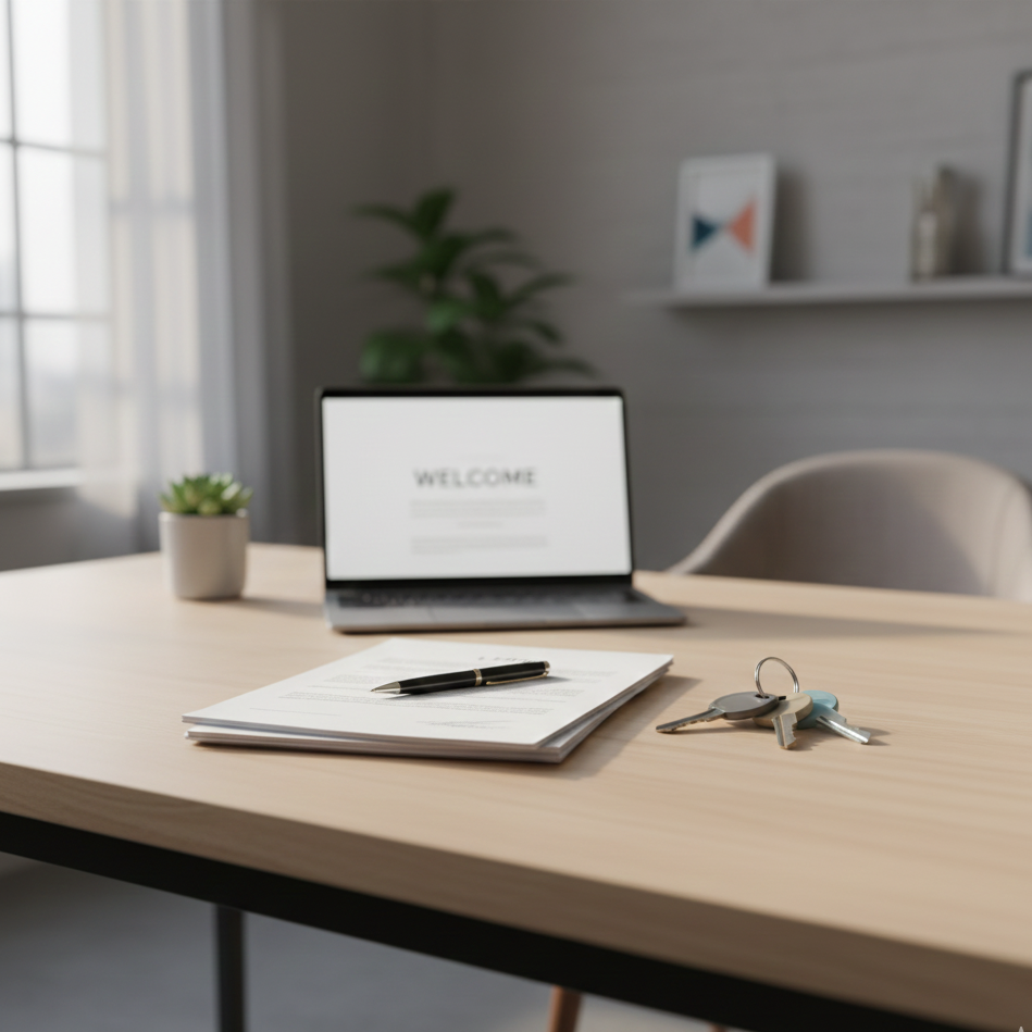Desk with lease documents, keys, and laptop, representing tenant onboarding and lease coordination services